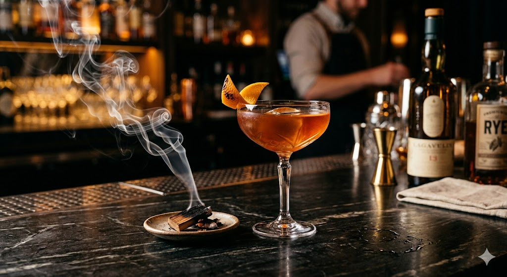 Craft cocktail with smoke wisps in amber lighting