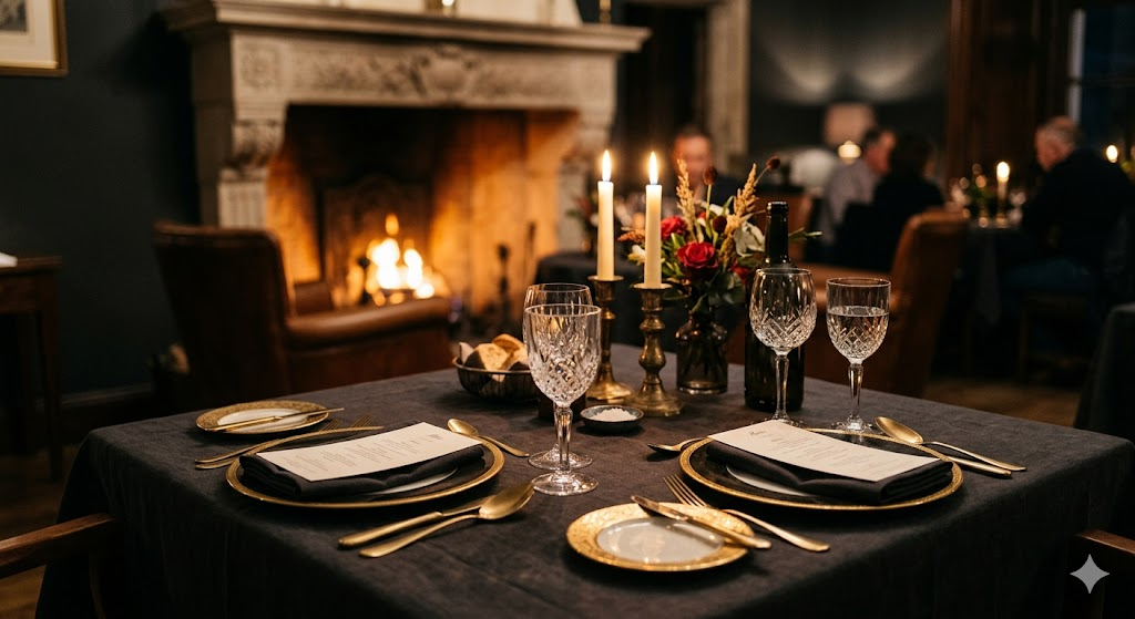 Intimate candlelit dining table with gold-rimmed plates