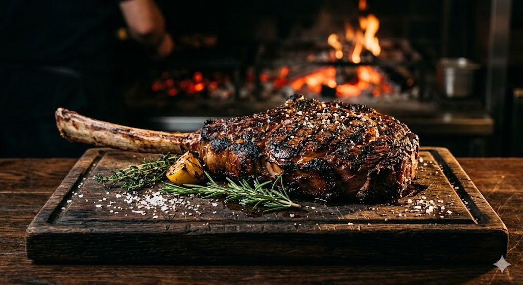 Wood-fired tomahawk steak with ember glow