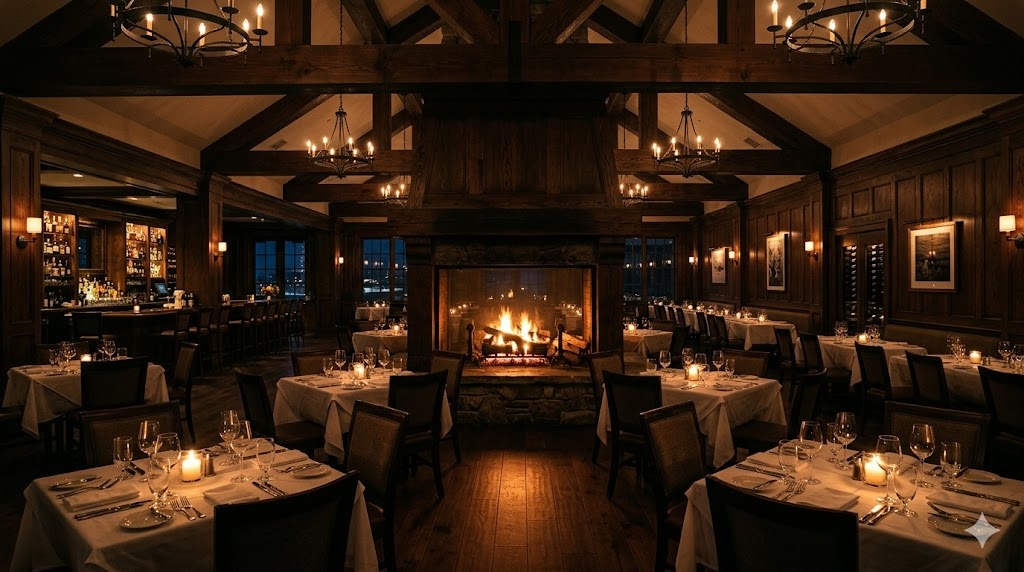 Moody luxury restaurant interior with warm ember glow