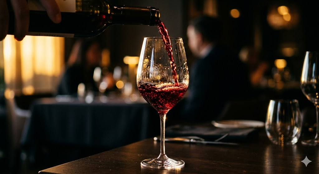 Red wine being poured in dramatic golden lighting